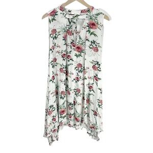 WinWin White Floral Sleeveless Keyhole Neck Shift Dress Womens Sz M Sheer